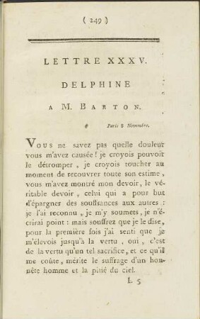 Lettre XXXV. Delphine à M. Barton, Paris 8 Novembre.