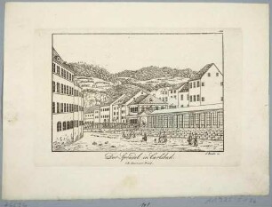 Die Sprudelkolonade am Kirchplatz am Flüsschen Tepl in Karlsbad in Böhmen (heute Straße Vřídelní an der Teplá in Karlovy Vary in Tschechien)