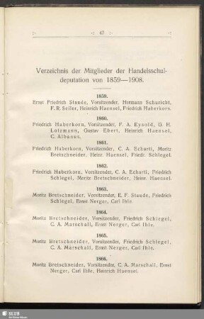 Verzeichnis der Mitglieder der Handelsschuldeputation von 1859-1908