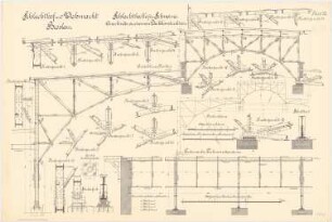 Schlachthof und Viehmarkt, Breslau Schlachthalle für Schweine: Eiserne Dachkonstruktion. Binder: Schema 1:50 Ansicht 1:20 Knotenpunkte1:10. Säulenfuß: Grundriss Schnitt Ansicht 1:10. Fensterwand: Ansicht 1:20