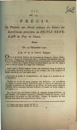 Precis Du Protocole Aux Proces verbaux des Seances des Representans provisoires du Peuple Souverain du Pays de Namur. Seance Du 27 Decembre 1792. L'an 1er de la Liberte Belgique