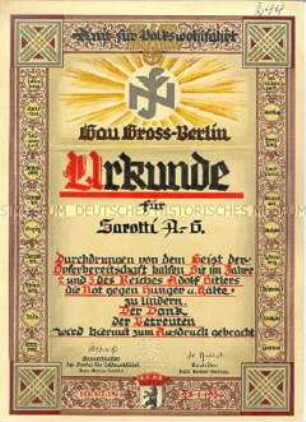 Urkunde der NS-Volkswohlfahrt - Sachkonvolut