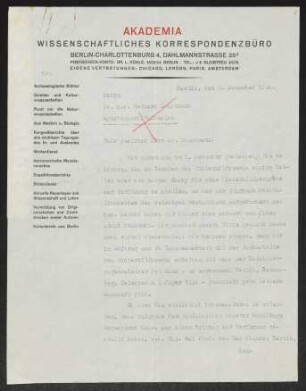 Brief von Ludwig Kühle von Akademia Wissenschaftliches Korrespondenzbüro an Gerhart Hauptmann