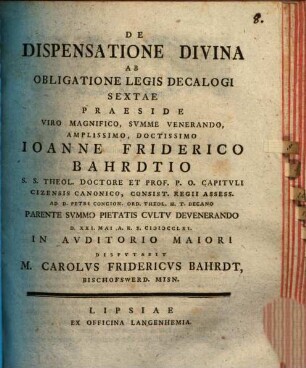 De Dispensatione Divina Ab Obligatione Legis Decalogi Sextae