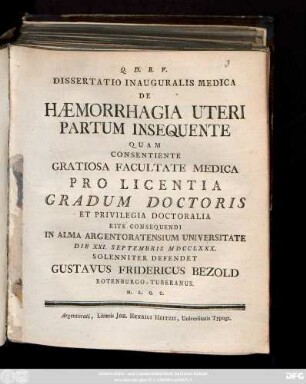 Dissertatio Inauguralis Medica De Haemorrhagia Uteri Partum Insequente