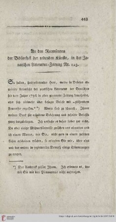 An den Recensenten der Bibliothek der redenden Künste, in der Jenaischen Litteratur-Zeitung Nr. 123