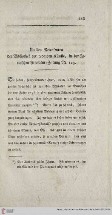 An den Recensenten der Bibliothek der redenden Künste, in der Jenaischen Litteratur-Zeitung Nr. 123