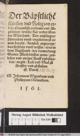 Der Bäpstliche[n] Kirchen vnd Religion etliche fürnembste jrrthume vnd Abgötterey/ welche klar wider Gottes Wort seind : Den einfeltigen/ schwachen vnnd vngelerten zu einem bericht/ kürtzlich angezeyget/ das sie sehen vnnd wissen/ was in dem Bapstumb/ bey vermeidung Gottes Allerhöchsten zorns/ zeitlicher vnd ewiger straff vnd schaden/ an gut/ Leib vnd Seel zu straffen/ vnd zu fliehen ist