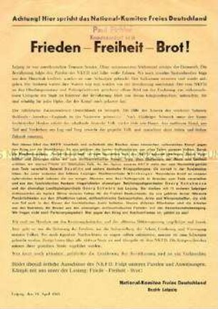 Propagandaflugblatt des Nationalkomitees Freies Deutschland nach der Besetzung von Leipzig durch die Alliierten