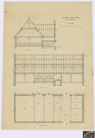 Sürßen (Kreis Pirna): Hof Hauswald. - Scheune (Querschnitt A-B, Längsschnitt C-D, Grunriss). - Schweinestall (Längsschnitt)