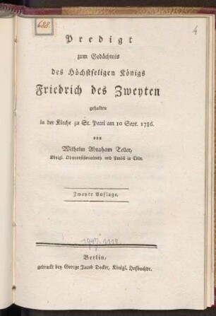 Predigt zum Gedächtnis des Höchstseligen Königs Friedrich des Zweyten