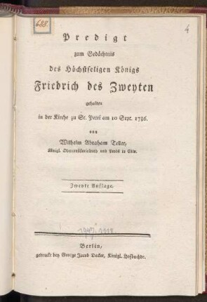 Predigt zum Gedächtnis des Höchstseligen Königs Friedrich des Zweyten