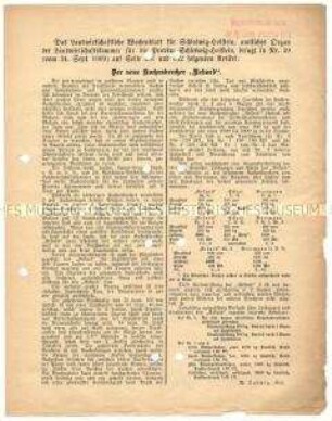 Beitrag über den Ölkuchenbrecher "Rekord" in der Zeitschrift "Landwirtschaftliches Wochenblatt" für Schleswig-Holstein