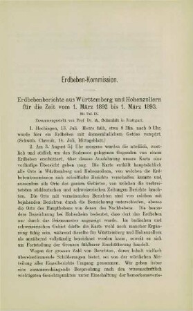 Erdbebenberichte aus Württemberg und Hohenzollern für die Zeit vom 1. März 1892 bis 1. März 1893