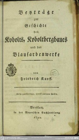 Beyträge zur Geschichte des Kobolts, Koboltbergbaues und der Blaufarbenwerke