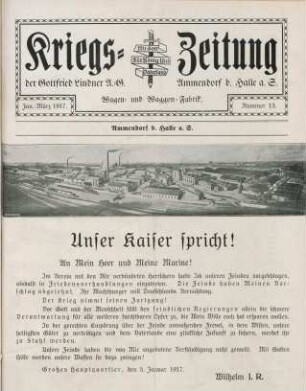 13.1917: Kriegs-Zeitung der Gottfried Lindner A.-G., Wagen und Waggon-Fabrik, Ammendorf b. Halle a. S