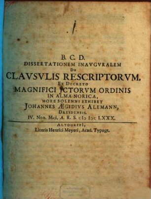 Diss. inaug. de clausulis rescriptorum