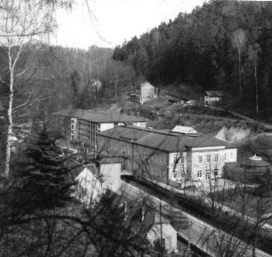Bad Schandau, Kirnitzschtalstraße 6. Kirnitzschtal-Klinik. Kurbadgebäude (um 1895). Straßenansicht. Blick von einem erhöhten Wanderweg über Straße und Kirnitzsch gegen Pflanzengartenweg