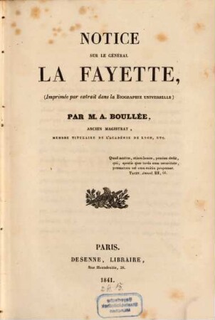 Notice sur le General La Fayette