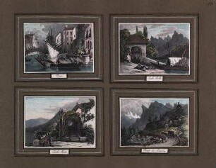 'Venise', Kanal mit Gondel; aquarellierte Lithographie 'Isola Bella', Teilansicht; aquarellierte Lithographie 'Isola Madre'; Teilansicht; aquarellierte Lithographie 'Route de Simplon', Paßstraße; aquarellierte Lithographie