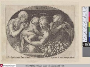 [Maria mit dem Kinde in einer Laube, rechts Joseph auf den Stab gestützt]