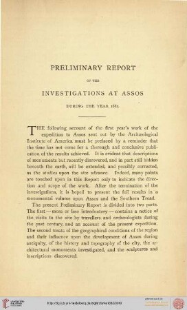 Preliminary Report of the investigations at Assos, during the year 1881