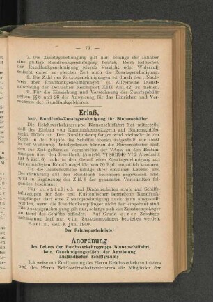Anordnung des Leiters der Reichsverkehrsgruppe Binnenschiffahrt, betr. Genehmigungspflicht der Anmietung ausländischen Schiffsraums