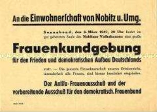 Einladung des Antifa-Frauenausschusses und des vorbereitenden Ausschusses für den DFD in Nobitz zu einer Frauenkundgebung für Frieden und demokratischen Aufbau