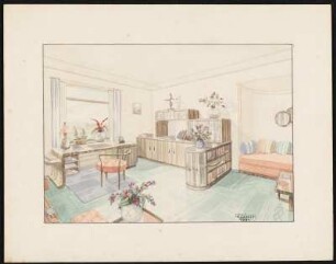 Arbeitszimmer. Schreibtisch mit Armlehnstuhl, Schrankwand, bestehend aus drei zweitürigen Unterschränken, ein zweitüriger Glasaufsatz, eine Regalbrücke, Bücherregal als Raumteiler, dreietagig, Deko