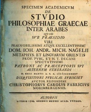 Specimen Academicvm De Stvdio Philosophiae Graecae Inter Arabes