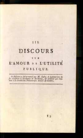 III. Discours Sur L'Amour De L'Utilité Publique
