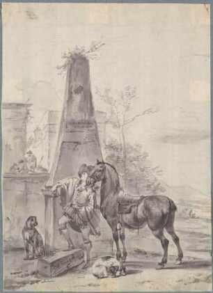 Reiter, Pferd und Hund neben Obelisk