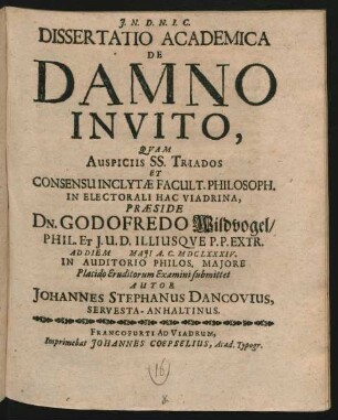 Dissertatio Academica De Damno Invito