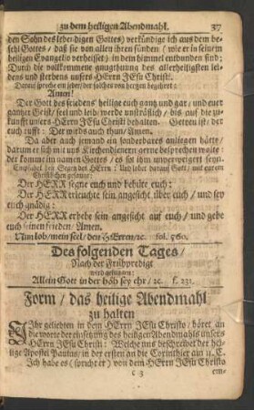 Den folgenden Tages ... Form/ das heilige Abendmahl zu halten