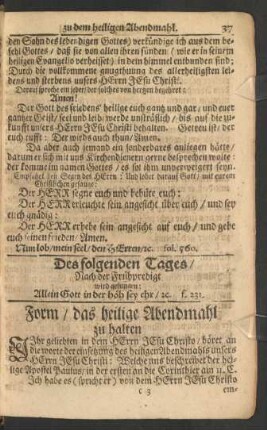Den folgenden Tages ... Form/ das heilige Abendmahl zu halten