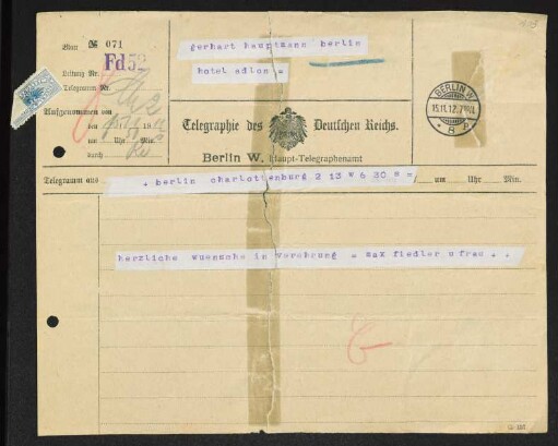 Brief von Max Fiedler an Gerhart Hauptmann