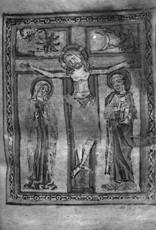 Missale romanum — Bildseite mit Christus am Kreuz zwischen Maria und Johannes, Folio 162 recto