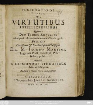 Disputatio XI. Ethica De Virtutibus Intellectualibus