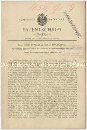 Patentschrift einerVorrichtung zum Ausheben der Schare an mehrscharigen Pflügen, Patent-Nr. 49304