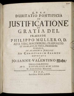 Dubitatio Pontificia De Iustificatione Et Gratia Dei