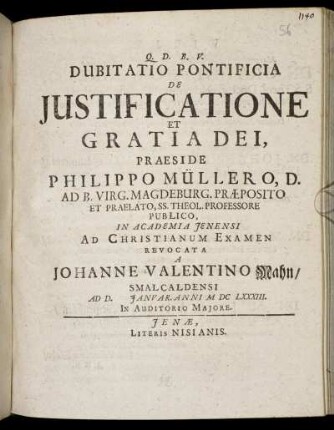 Dubitatio Pontificia De Iustificatione Et Gratia Dei