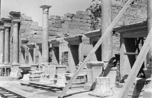 Ruinen von Leptis Magna : Blick über Säulen und Ruinen