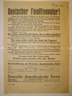 Propagandaflugblatt der DDP zur Wahl der Nationalversammlung mit Mitgliederwerbung