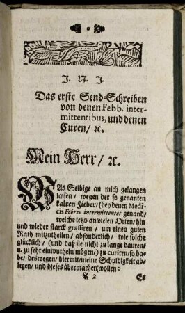 Das erste Send-Schreiben von denen Febb. intermittentibus, und denen Curen.