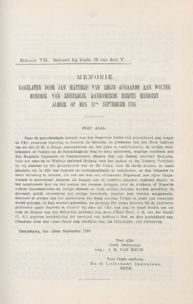 Bijlage VII. Memorie. Nagelaten door Jan Matthijs van Rhijn ...