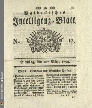 No. 12. Dienstag, den 20ten Maerz, 1792