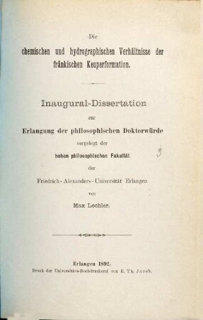 Die chemischen und hydrographischen Verhältnisse der fränkischen Keuperformation