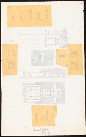 Felsentempel im Wadi es-Sebua (»Tal der Löwen«): Gesamtgrundriss und Gesamtschnitt der Anlage von Ramses II, Grundriss und Schnitt des Hemispeos, Aufrisse der Statuen und Reliefs (fünf Transparentzeichnungen neben Tuschezeichnung auf Papier montiert)