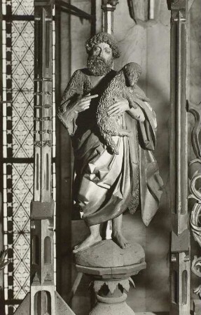 Döbeln, Nicolaikirche, Innenraum, Altar : Flügelaltar, Aufsatz, 1. Obergeschoss, rechts außen: Johannes der Täufer