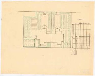 Hausgärten eines Doppelwohnhauses: Hausgärten eines Doppelwohnhauses im Grundriss (Vorzeichnung) 1:200, Spaliergerüst in Detailansicht und Schnitt 1:25